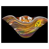 HAND BLOWN ART GLASS IRIDESCENT RUFFLED BOWL