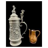 SMALL COPPER PITCHER AND PEWTER BEER STEIN WITH
