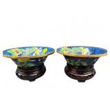 2 BLUE CLOISONNE SMALL BOWLS ON STAND