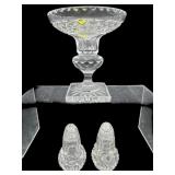 3 PC LOT CUT CRYSTAL CANDLE HOLDER AND SALT AND