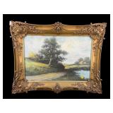 ANTIQUE ORNATE FRAMED OIL PASTEL OF FARM ROAD