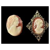 2 PC LOT GOLD TONE CAMEO BROOCH PINS