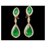 PR OF 14K NATURAL EMERALD AND DIAMOND DANGLE