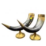 2 WATER BUFFALO HORNS WITH BRASS FITTINGS