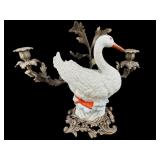 STAFFORDSHIRE PORCELAIN AND BRASS SWAN CANDELABRA
