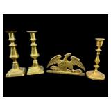 4 PC LOT OF BRASS CANDLESTICKS AND EAGLE BOOKENDS