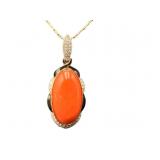 14K 2 TONE NATURAL CORAL & DIAMOND PENDANT W CHAIN