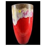 HEAVY POTTERY RED & PINK DRIP GLAZE FLOOR VASE