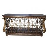 LARGE METAL ORNATE LEATHER TOP CONSOLE