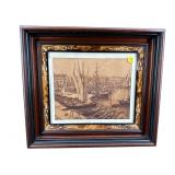 SHIP SCENE PRINT IN ANTIQUE CARVED & BURLED