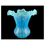 FENTON RIB OPTIC BLUE OPALESCENT RUFFLED VASE