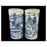 2 ORIENTAL BLUE AND WHITE PORCELAIN CYLINDER VASES