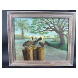 A.BURNETT 1961 OIL ON CANVAS OF PELICANS ON A