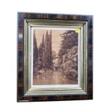 POND SCENE PRINT IN ANTIQUE BURLED WALNUT FRAME