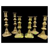 LOT OF 6 ANTIQUE BRASS PUSH UP CANDLESTICKS