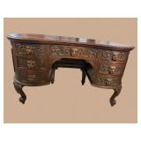 CONTINENTAL OAK HEAVY CARVED KIDNEY SHAPED DESK
