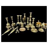 LOT OF BRASS CANDLESTICKS AND OTHER MISC BRASS
