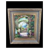 LARGE OIL ON CANVAS GARDEN SCENE