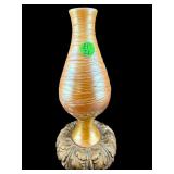 ANTIQUE DURAND THREADED GLASS IRIDESCENT VASE ON
