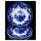 SET OF 4 ANTIQUE FLOW BLUE PORCELAIN DINNER PLATES