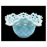 FENTON BASKET WEAVE BLUE SATIN RUFFLED BOWL
