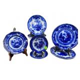 LOT OF 8 ANTIQUE FLOW BLUE PORCELAIN SMALL PLATES