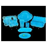 9 PC LOT ANTIQUE BLUE OPALINE MILK GLASS TRAYS,
