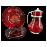 5 PC LOT OF RUBY GLASS PLATES AND COFFEE POT
