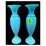 PR OF BLUE OPALINE MILK GLASS SMALL BUD VASES