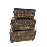 LOT OF 3 DECORATOR LEATHER GRADUATED TRUNKS