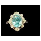 PLATINUM NATURAL GREEN BLUE ZIRCON & DIAMOND RING
