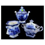 LOT OF 3 ANTIQUE FLOW BLUE PORCELAIN SUGAR BOWLS