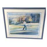V.WELLER GOLFING WATERCOLOR PRINT IN FRAME,
