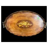 ANTIQUE MAHOGANY INLAID BRASS HANDLE SERVING TRAY