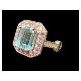 14K AQUAMARINE, PINK SAPPHIRE & DIAMOND RING