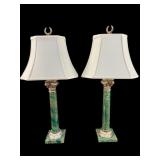 2 GREEN FAUX MARBLE COLUMN TABLE LAMPS