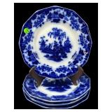 SET OF 4 ANTIQUE FLOW BLUE PORCELAIN DINNER PLATES