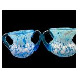 PR OF BLUE AND WHITE SPLATTER ART GLASS CREAMER