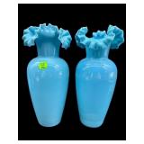 2 VICTORIAN BLUE OPALINE MILK GLASS RUFFLED VASE