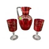 3 PC LOT ORNATE ETCHED GLASS PITCHER AND 2 STEMS