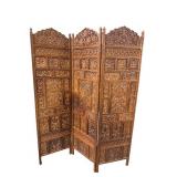 PIERCED CARVED 3 PANEL TEAK FOLDING SCREEN