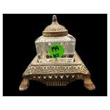 ANTIQUE GLASS INKWELL SET AND CAST IRON STAND