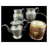 4 PC LOT OF PEWTER/WOOD PITCHERS AND BARREL