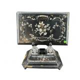 2 PC ANTIQUE MOTHER OF PEARL LACQUER INKWELL SET