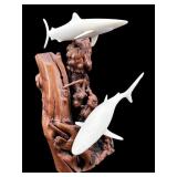 JOHN PERRY RESIN 2 SHARK ON BURLWOOD SCULPTURE