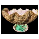 ANTIQUE MAJOLICA FOOTED SHELL COMPOTE AS IS