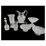 7 PC LOT OF EAPG COMPOTES, VASE, CRUET, ETC