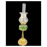 GREEN DEPRESSION AND BRASS BANQUET LAMP