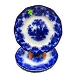 SET OF 4 ANTIQUE FLOW BLUE PORCELAIN LUNCHEON