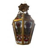 ANTIQUE BRONZE LEADED GLASS CHANDELIER
